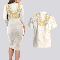 Aloha Lei Onaona Couples Matching Long Sleeve Bodycon Dress and Hawaiian Shirt Beige Hawaiian Tribal Pattern LT9 - Polynesian Pride