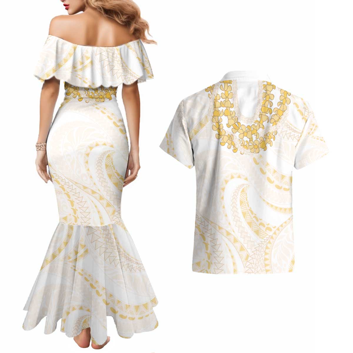 Aloha Lei Onaona Couples Matching Mermaid Dress and Hawaiian Shirt Beige Hawaiian Tribal Pattern LT9 - Polynesian Pride