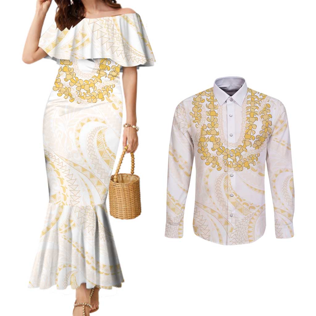 Aloha Lei Onaona Couples Matching Mermaid Dress and Long Sleeve Button Shirt Beige Hawaiian Tribal Pattern LT9 Beige - Polynesian Pride