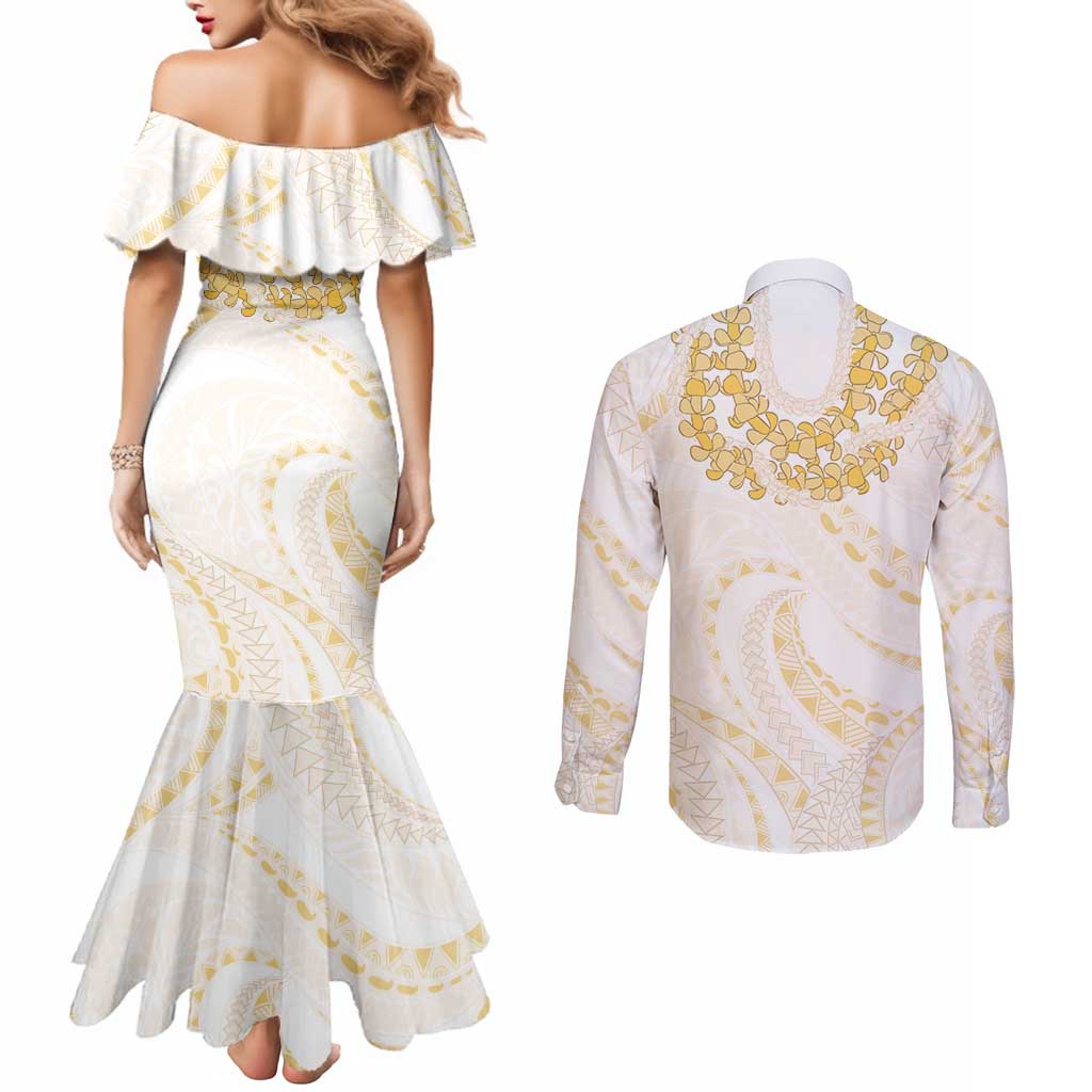 Aloha Lei Onaona Couples Matching Mermaid Dress and Long Sleeve Button Shirt Beige Hawaiian Tribal Pattern LT9 - Polynesian Pride