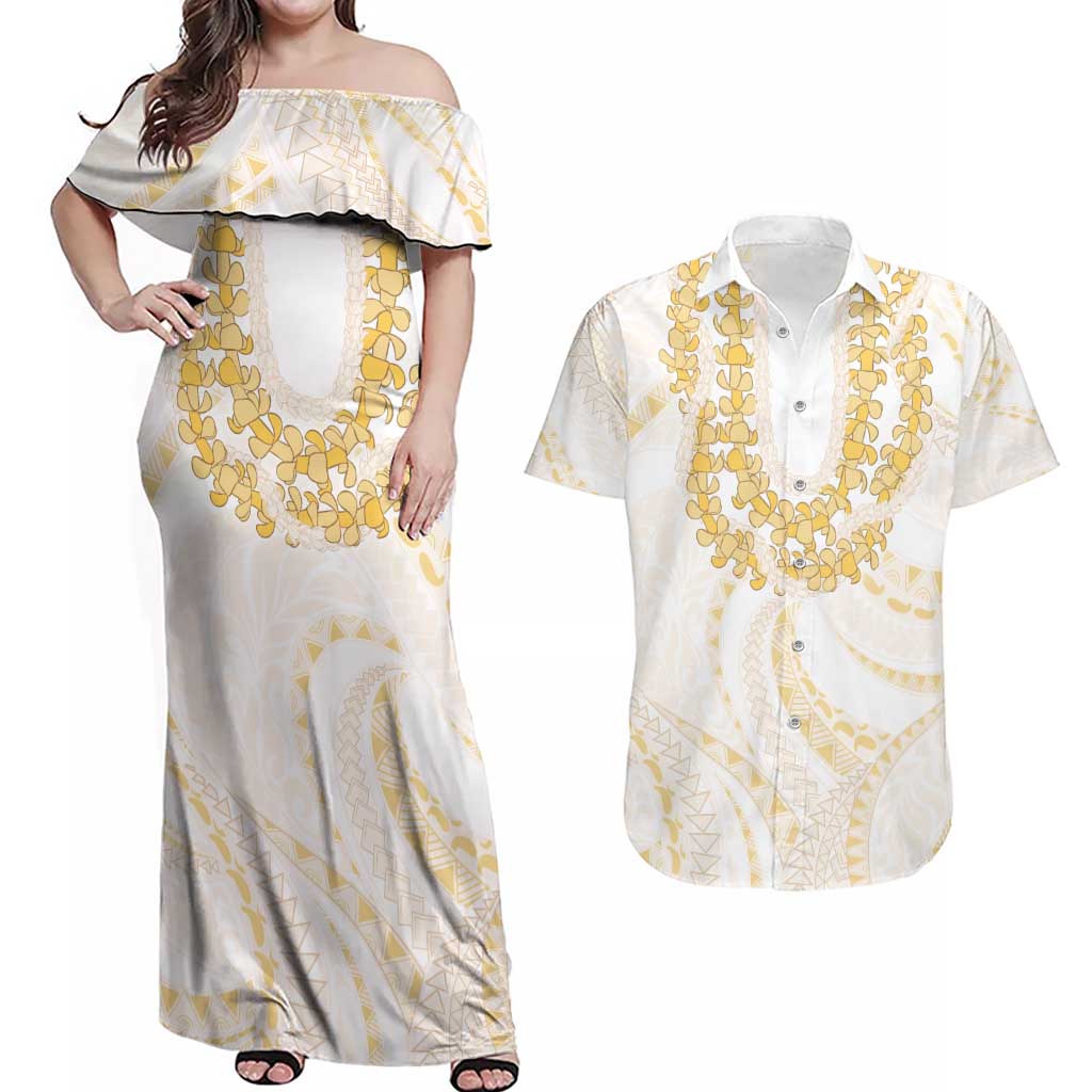 Aloha Lei Onaona Couples Matching Off Shoulder Maxi Dress and Hawaiian Shirt Beige Hawaiian Tribal Pattern LT9 Beige - Polynesian Pride