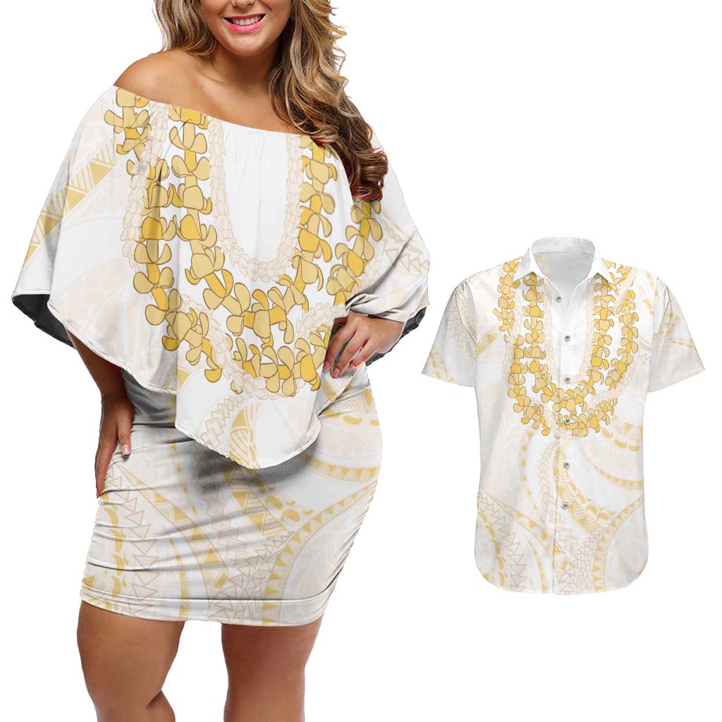 Aloha Lei Onaona Couples Matching Off Shoulder Short Dress and Hawaiian Shirt Beige Hawaiian Tribal Pattern LT9 Beige - Polynesian Pride