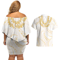 Aloha Lei Onaona Couples Matching Off Shoulder Short Dress and Hawaiian Shirt Beige Hawaiian Tribal Pattern LT9 - Polynesian Pride