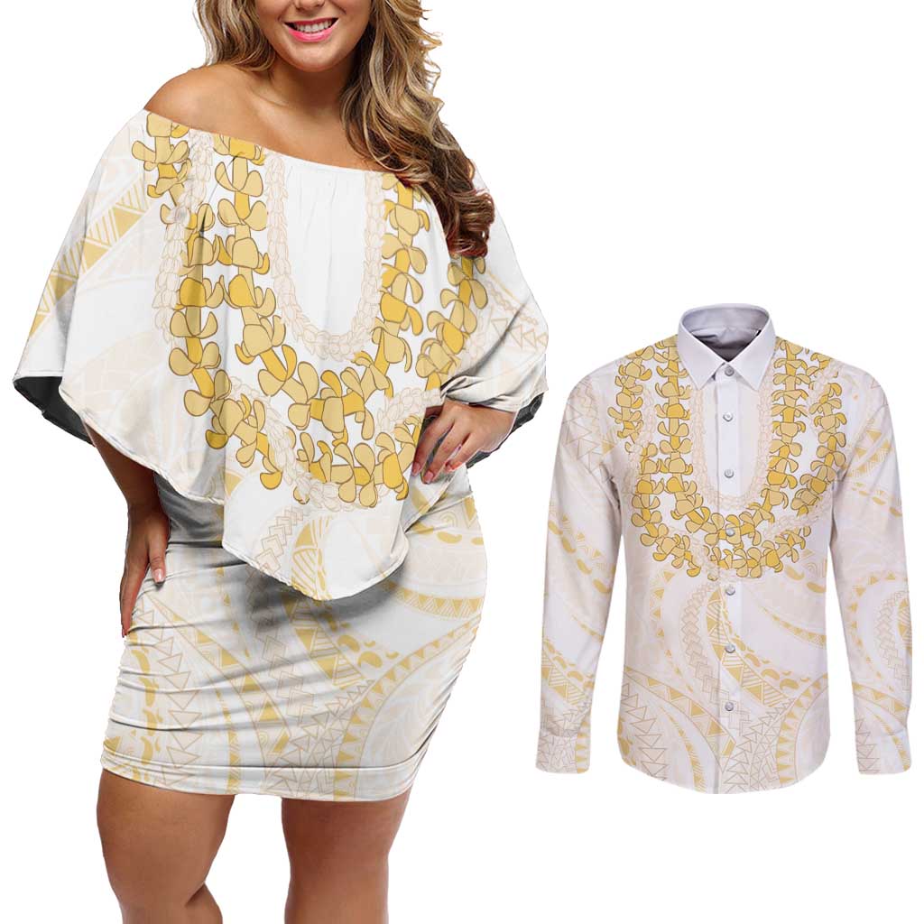 Aloha Lei Onaona Couples Matching Off Shoulder Short Dress and Long Sleeve Button Shirt Beige Hawaiian Tribal Pattern LT9 Beige - Polynesian Pride