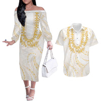 Aloha Lei Onaona Couples Matching Off The Shoulder Long Sleeve Dress and Hawaiian Shirt Beige Hawaiian Tribal Pattern LT9 Beige - Polynesian Pride