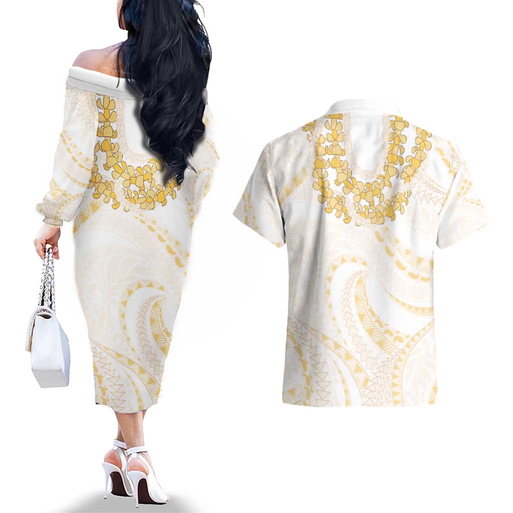 Aloha Lei Onaona Couples Matching Off The Shoulder Long Sleeve Dress and Hawaiian Shirt Beige Hawaiian Tribal Pattern LT9 - Polynesian Pride