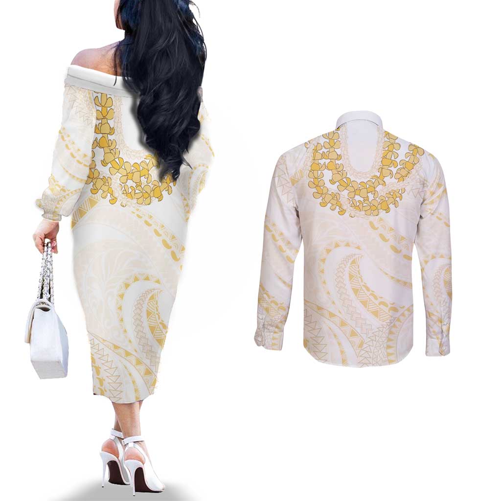 Aloha Lei Onaona Couples Matching Off The Shoulder Long Sleeve Dress and Long Sleeve Button Shirt Beige Hawaiian Tribal Pattern LT9 - Polynesian Pride