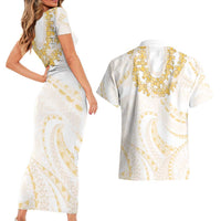 Aloha Lei Onaona Couples Matching Short Sleeve Bodycon Dress and Hawaiian Shirt Beige Hawaiian Tribal Pattern LT9 - Polynesian Pride