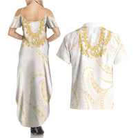 Aloha Lei Onaona Couples Matching Summer Maxi Dress and Hawaiian Shirt Beige Hawaiian Tribal Pattern LT9 - Polynesian Pride