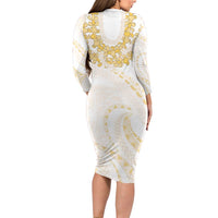 Aloha Lei Onaona Family Matching Long Sleeve Bodycon Dress and Hawaiian Shirt Beige Hawaiian Tribal Pattern LT9 - Polynesian Pride