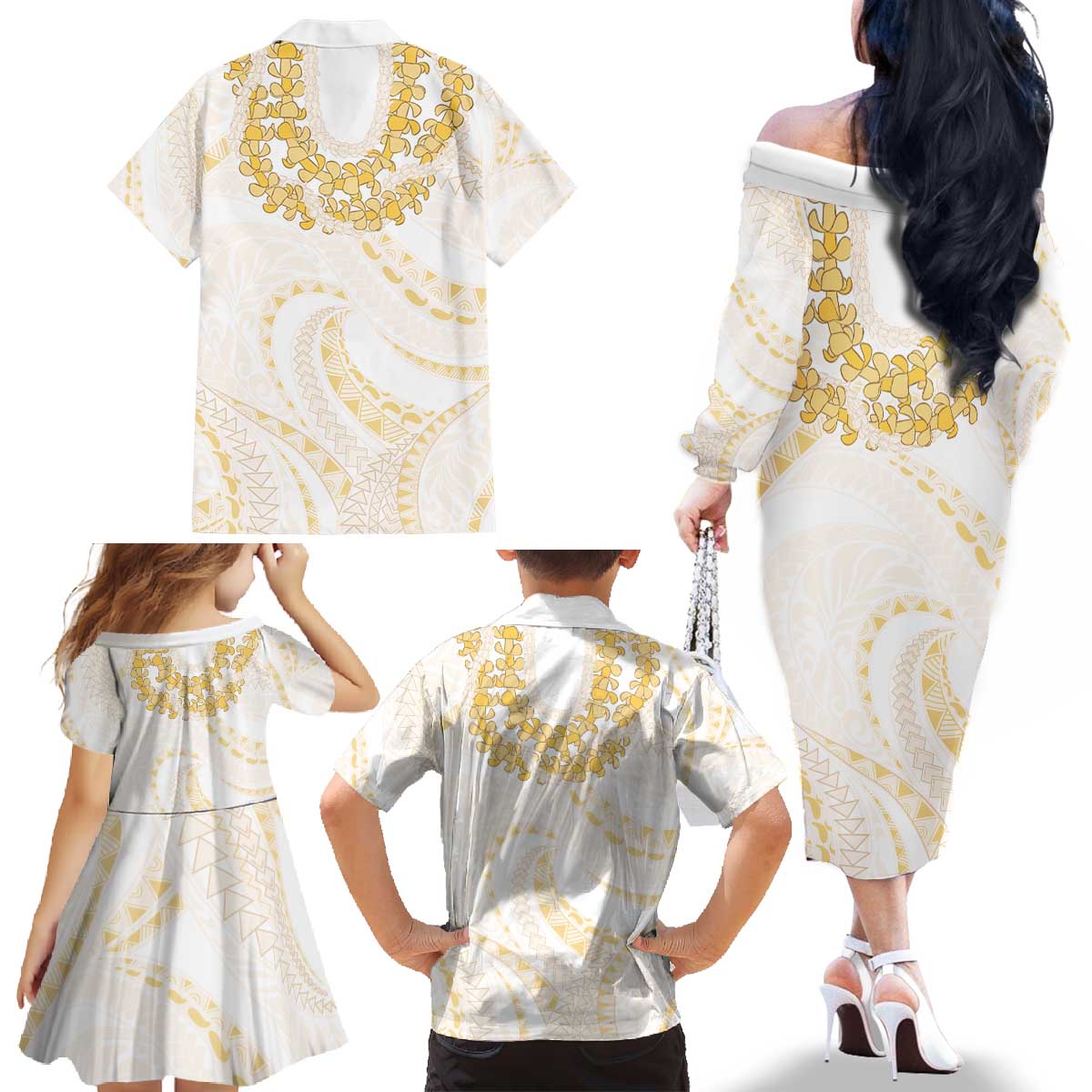 Aloha Lei Onaona Family Matching Off The Shoulder Long Sleeve Dress and Hawaiian Shirt Beige Hawaiian Tribal Pattern LT9 - Polynesian Pride