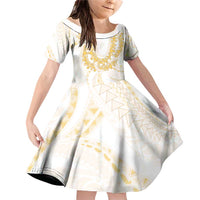 Aloha Lei Onaona Family Matching Off Shoulder Short Dress and Hawaiian Shirt Beige Hawaiian Tribal Pattern LT9 Daughter's Dress Beige - Polynesian Pride