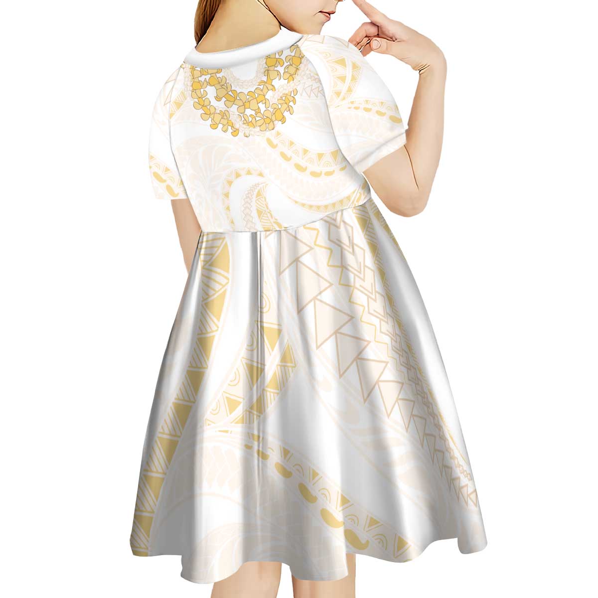 Aloha Lei Onaona Kid Short Sleeve Dress Beige Hawaiian Tribal Pattern