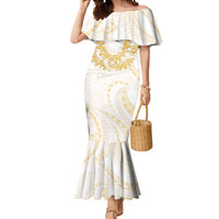 Aloha Lei Onaona Mermaid Dress Beige Hawaiian Tribal Pattern
