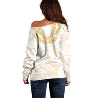 Aloha Lei Onaona Off Shoulder Sweater Beige Hawaiian Tribal Pattern