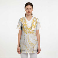 Aloha Lei Onaona Scrub Top Beige Hawaiian Tribal Pattern - Polynesian Pride