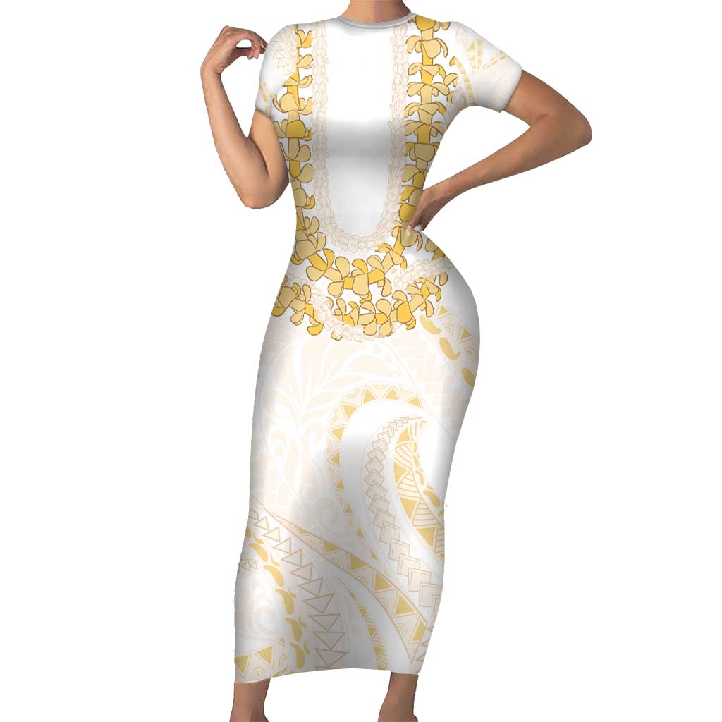 Aloha Lei Onaona Short Sleeve Bodycon Dress Beige Hawaiian Tribal Pattern