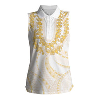 Aloha Lei Onaona Women Sleeveless Polo Shirt Beige Hawaiian Tribal Pattern