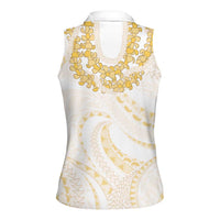 Aloha Lei Onaona Women Sleeveless Polo Shirt Beige Hawaiian Tribal Pattern