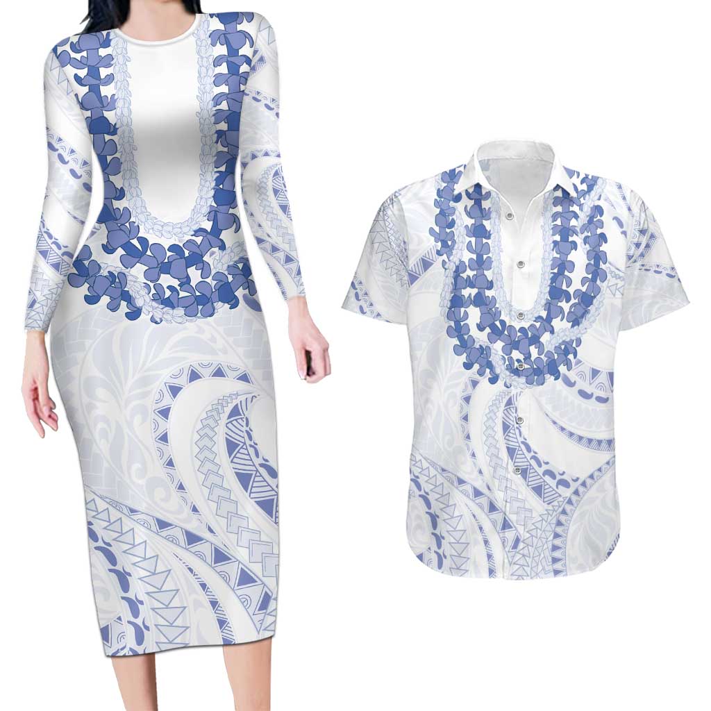 Aloha Lei Onaona Couples Matching Long Sleeve Bodycon Dress and Hawaiian Shirt Navy Blue Hawaiian Tribal Pattern LT9 Blue - Polynesian Pride