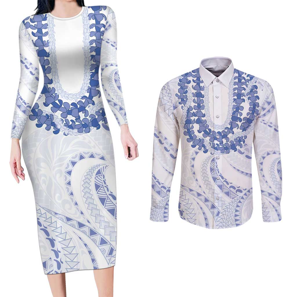 Aloha Lei Onaona Couples Matching Long Sleeve Bodycon Dress and Long Sleeve Button Shirt Navy Blue Hawaiian Tribal Pattern LT9 Blue - Polynesian Pride