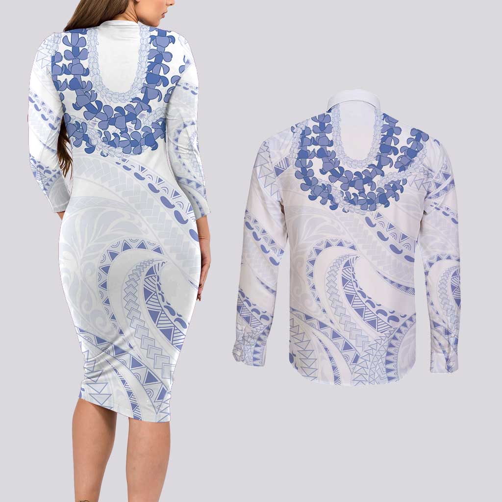 Aloha Lei Onaona Couples Matching Long Sleeve Bodycon Dress and Long Sleeve Button Shirt Navy Blue Hawaiian Tribal Pattern LT9 - Polynesian Pride