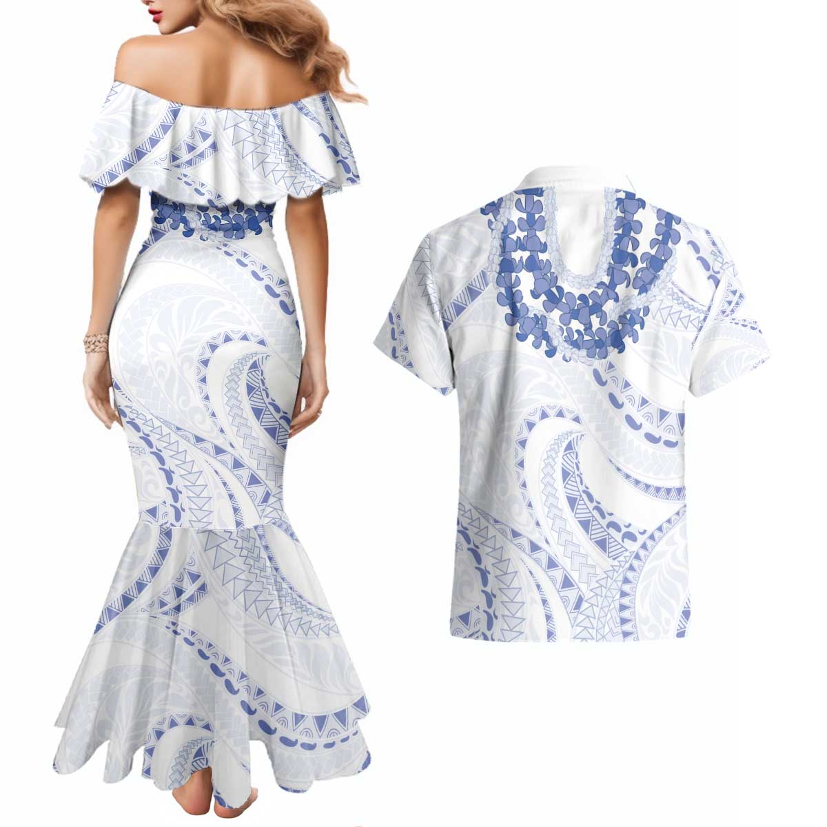 Aloha Lei Onaona Couples Matching Mermaid Dress and Hawaiian Shirt Navy Blue Hawaiian Tribal Pattern LT9 - Polynesian Pride