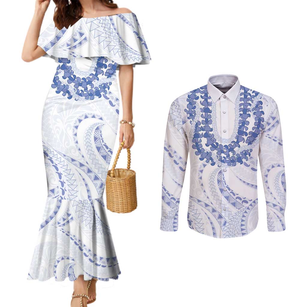 Aloha Lei Onaona Couples Matching Mermaid Dress and Long Sleeve Button Shirt Navy Blue Hawaiian Tribal Pattern LT9 Blue - Polynesian Pride
