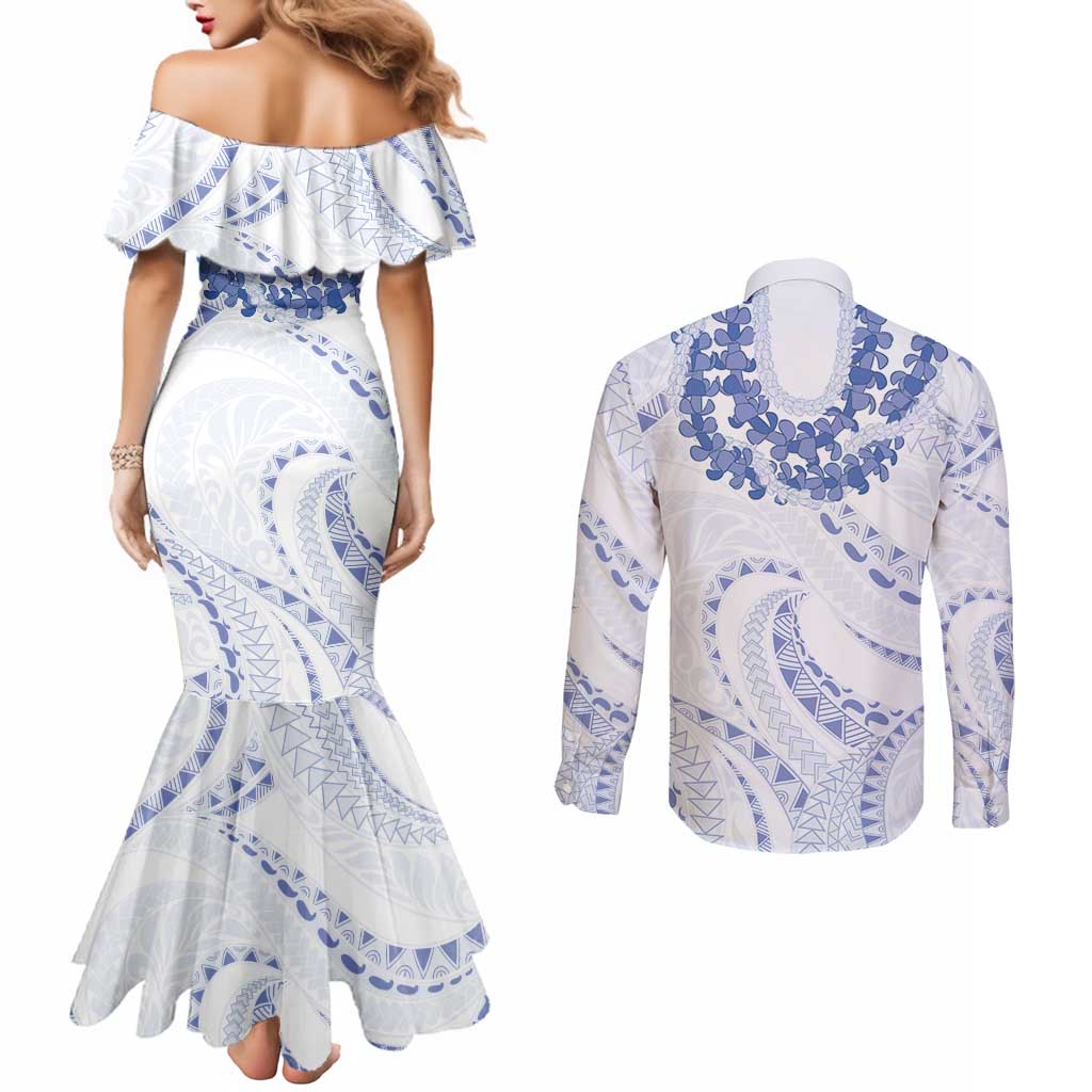 Aloha Lei Onaona Couples Matching Mermaid Dress and Long Sleeve Button Shirt Navy Blue Hawaiian Tribal Pattern LT9 - Polynesian Pride
