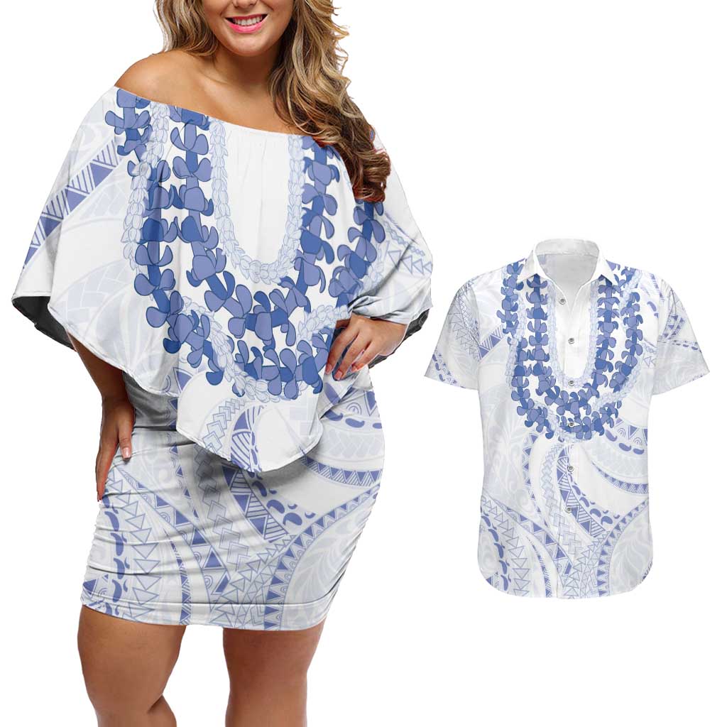 Aloha Lei Onaona Couples Matching Off Shoulder Short Dress and Hawaiian Shirt Navy Blue Hawaiian Tribal Pattern LT9 Blue - Polynesian Pride