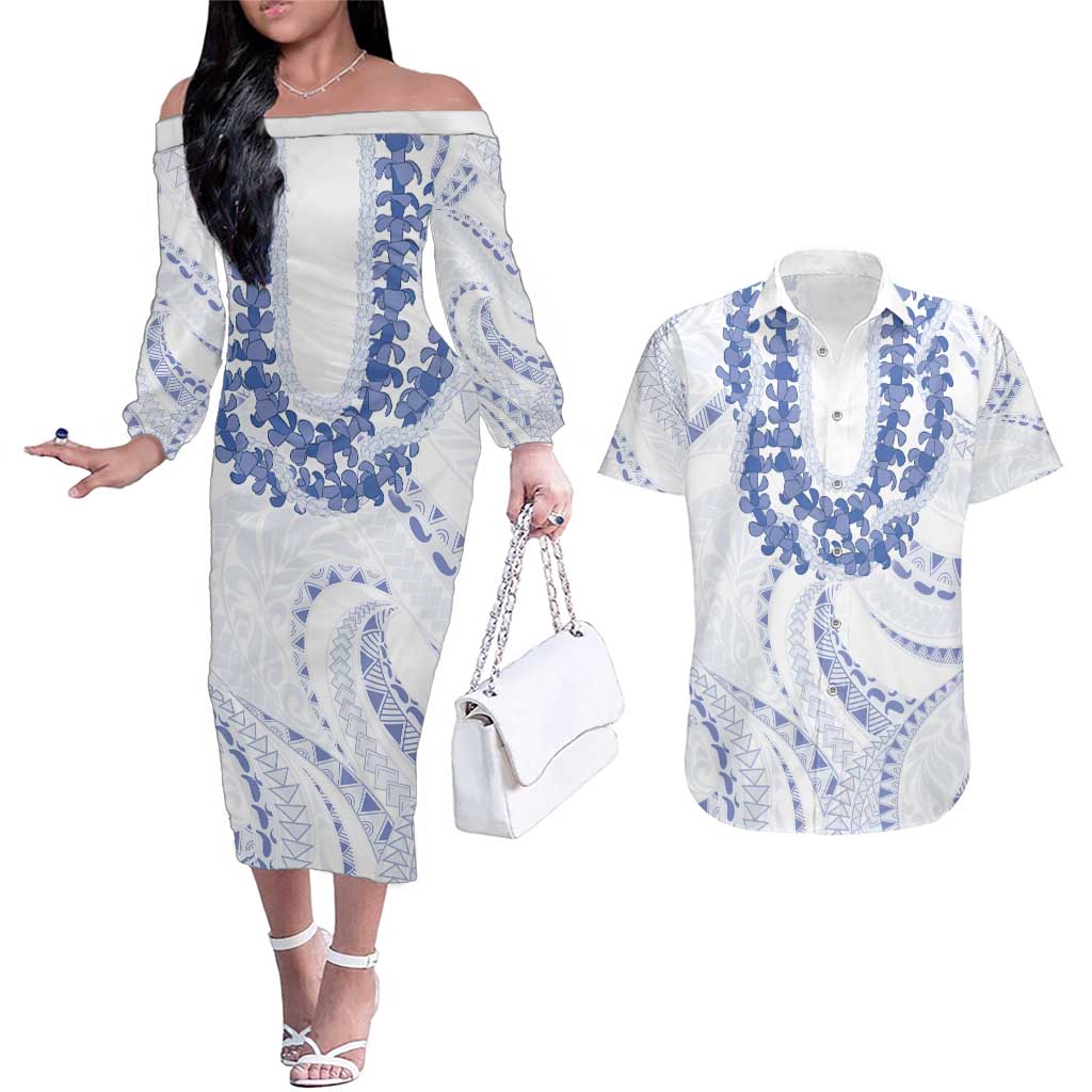 Aloha Lei Onaona Couples Matching Off The Shoulder Long Sleeve Dress and Hawaiian Shirt Navy Blue Hawaiian Tribal Pattern LT9 Blue - Polynesian Pride