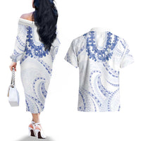 Aloha Lei Onaona Couples Matching Off The Shoulder Long Sleeve Dress and Hawaiian Shirt Navy Blue Hawaiian Tribal Pattern LT9 - Polynesian Pride
