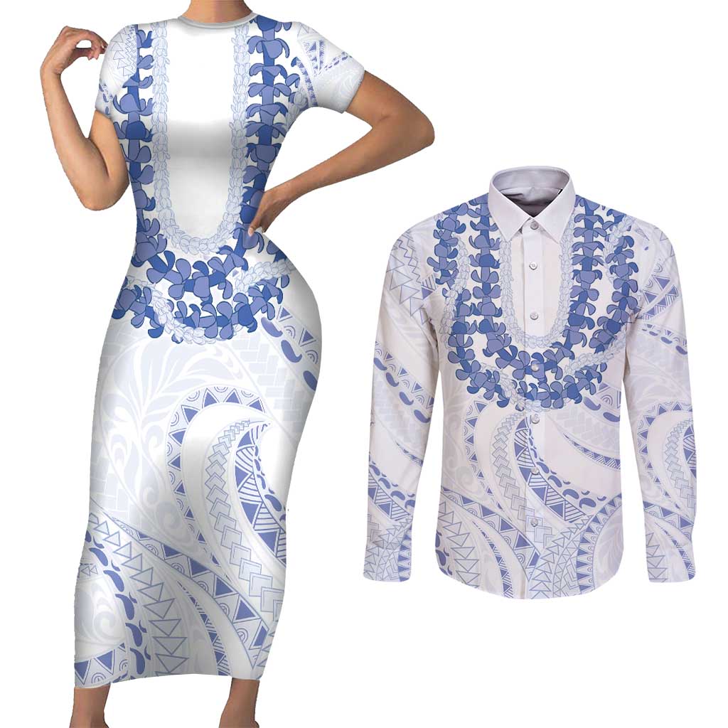Aloha Lei Onaona Couples Matching Short Sleeve Bodycon Dress and Long Sleeve Button Shirt Navy Blue Hawaiian Tribal Pattern LT9 Blue - Polynesian Pride