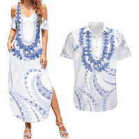 Aloha Lei Onaona Couples Matching Summer Maxi Dress and Hawaiian Shirt Navy Blue Hawaiian Tribal Pattern LT9 Blue - Polynesian Pride