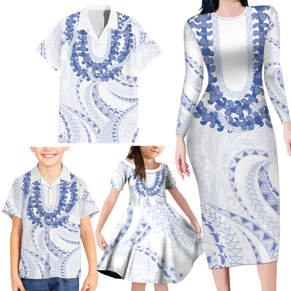 Aloha Lei Onaona Family Matching Long Sleeve Bodycon Dress and Hawaiian Shirt Navy Blue Hawaiian Tribal Pattern LT9 - Polynesian Pride