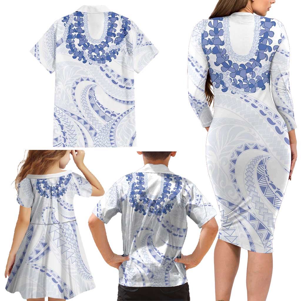 Aloha Lei Onaona Family Matching Long Sleeve Bodycon Dress and Hawaiian Shirt Navy Blue Hawaiian Tribal Pattern LT9 - Polynesian Pride