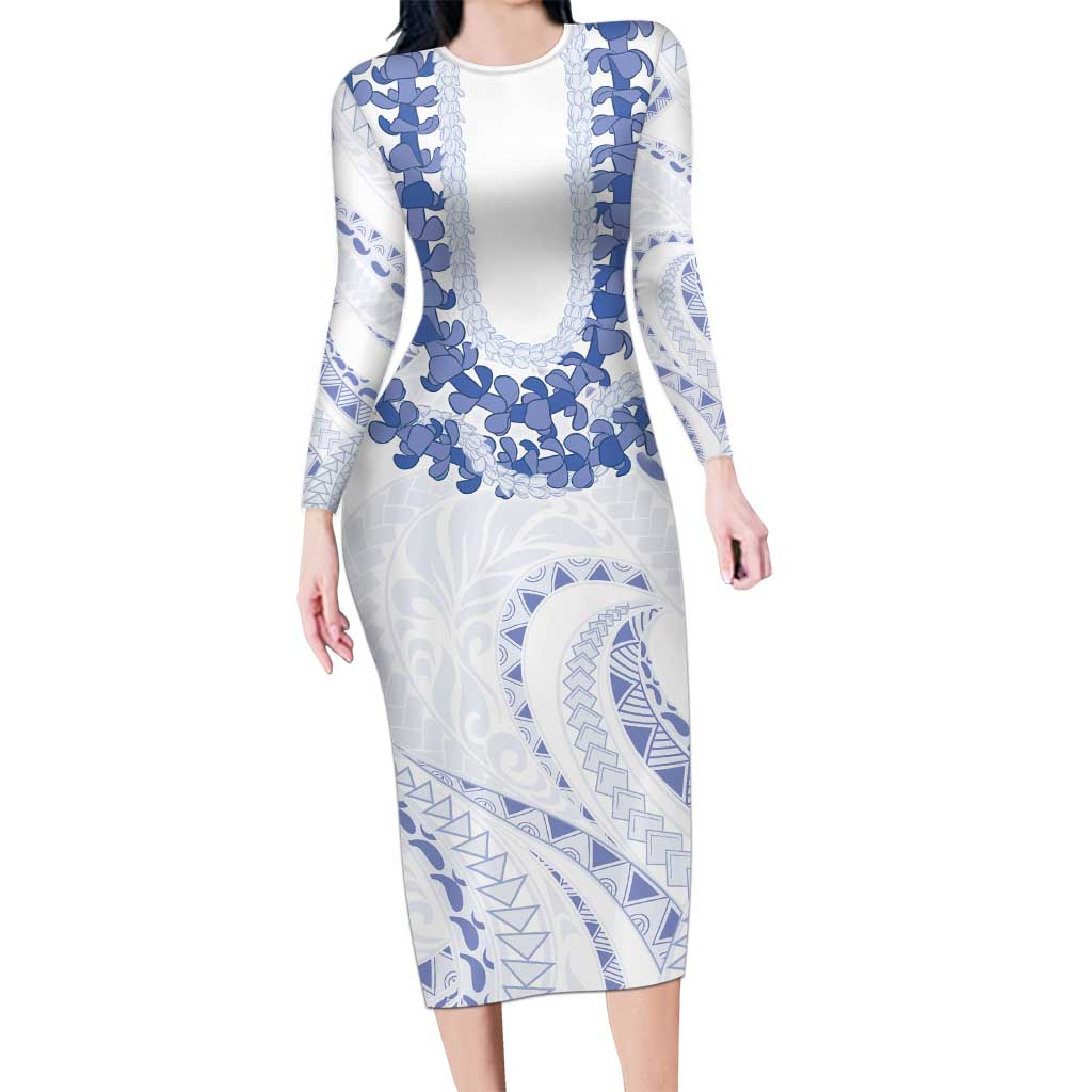 Aloha Lei Onaona Family Matching Long Sleeve Bodycon Dress and Hawaiian Shirt Navy Blue Hawaiian Tribal Pattern LT9 Mom's Dress Blue - Polynesian Pride