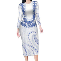 Aloha Lei Onaona Family Matching Long Sleeve Bodycon Dress and Hawaiian Shirt Navy Blue Hawaiian Tribal Pattern LT9 Mom's Dress Blue - Polynesian Pride