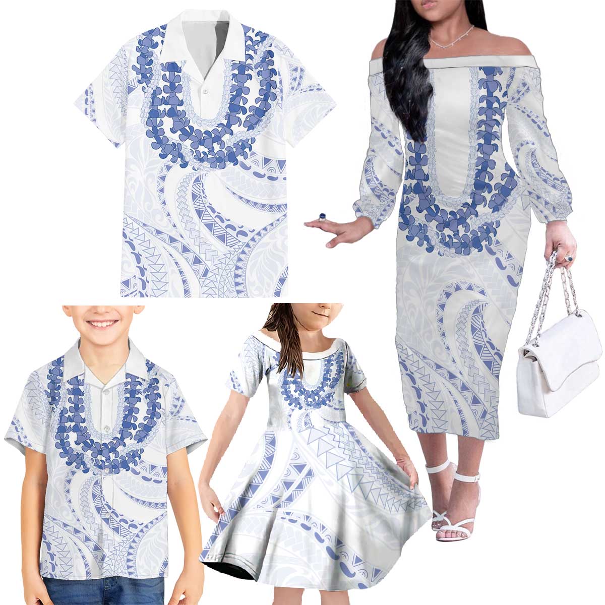 Aloha Lei Onaona Family Matching Off The Shoulder Long Sleeve Dress and Hawaiian Shirt Navy Blue Hawaiian Tribal Pattern LT9 - Polynesian Pride