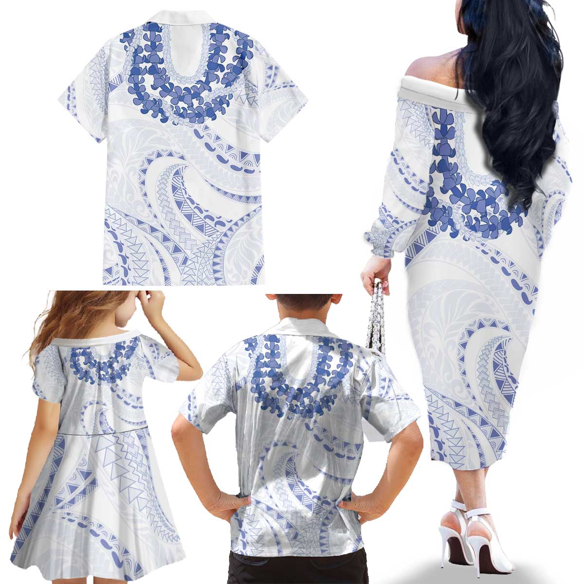 Aloha Lei Onaona Family Matching Off The Shoulder Long Sleeve Dress and Hawaiian Shirt Navy Blue Hawaiian Tribal Pattern LT9 - Polynesian Pride