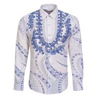 Aloha Lei Onaona Family Matching Off Shoulder Maxi Dress and Hawaiian Shirt Navy Blue Hawaiian Tribal Pattern LT9 Dad's Shirt - Long Sleeve Blue - Polynesian Pride