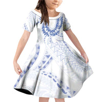Aloha Lei Onaona Family Matching Off Shoulder Short Dress and Hawaiian Shirt Navy Blue Hawaiian Tribal Pattern LT9 Daughter's Dress Blue - Polynesian Pride