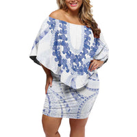 Aloha Lei Onaona Family Matching Off Shoulder Short Dress and Hawaiian Shirt Navy Blue Hawaiian Tribal Pattern LT9 Mom's Dress Blue - Polynesian Pride