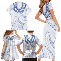 Aloha Lei Onaona Family Matching Short Sleeve Bodycon Dress and Hawaiian Shirt Navy Blue Hawaiian Tribal Pattern LT9 - Polynesian Pride