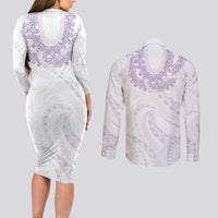 Aloha Lei Onaona Couples Matching Long Sleeve Bodycon Dress and Long Sleeve Button Shirt Purple Hawaiian Tribal Pattern LT9 - Polynesian Pride