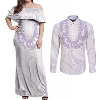 Aloha Lei Onaona Couples Matching Off Shoulder Maxi Dress and Long Sleeve Button Shirt Purple Hawaiian Tribal Pattern LT9 Purple - Polynesian Pride