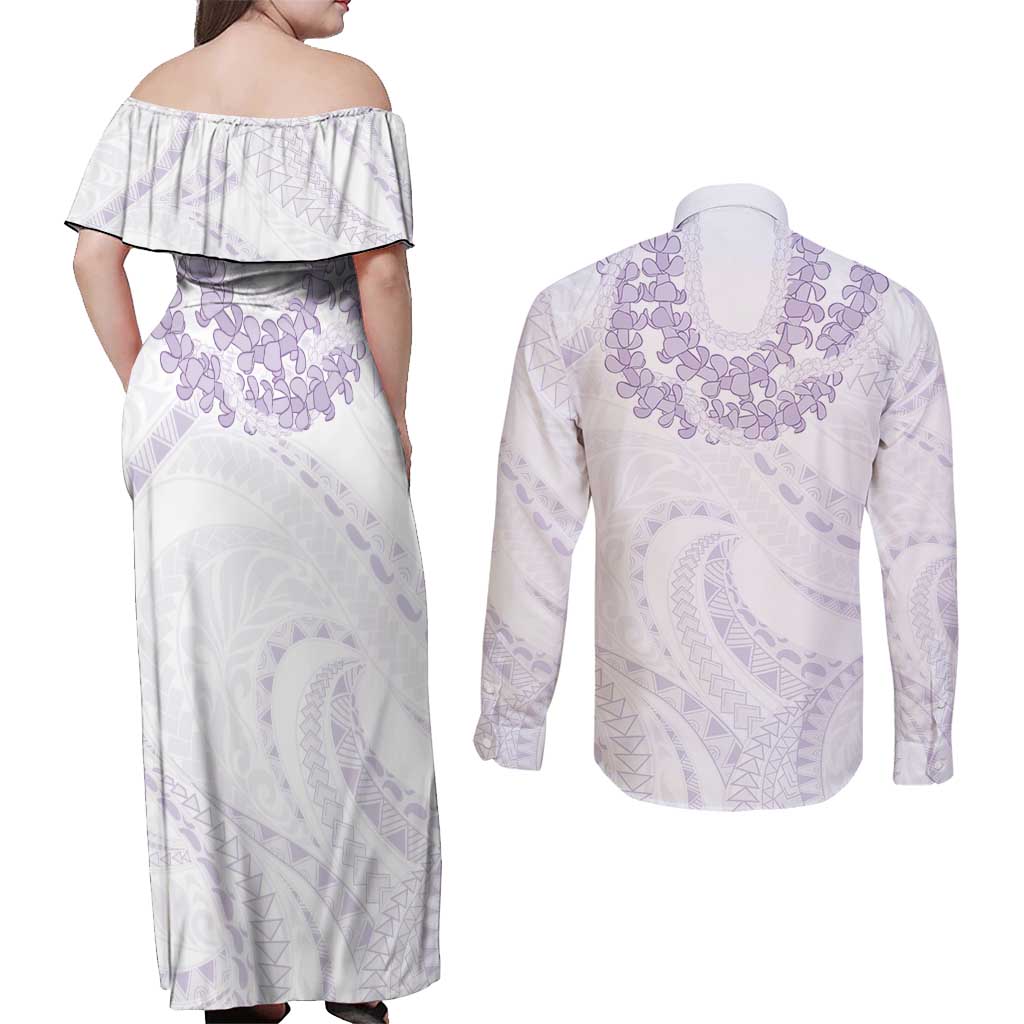 Aloha Lei Onaona Couples Matching Off Shoulder Maxi Dress and Long Sleeve Button Shirt Purple Hawaiian Tribal Pattern LT9 - Polynesian Pride