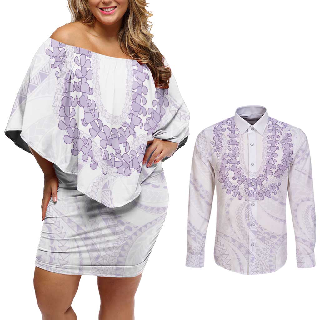 Aloha Lei Onaona Couples Matching Off Shoulder Short Dress and Long Sleeve Button Shirt Purple Hawaiian Tribal Pattern LT9 Purple - Polynesian Pride