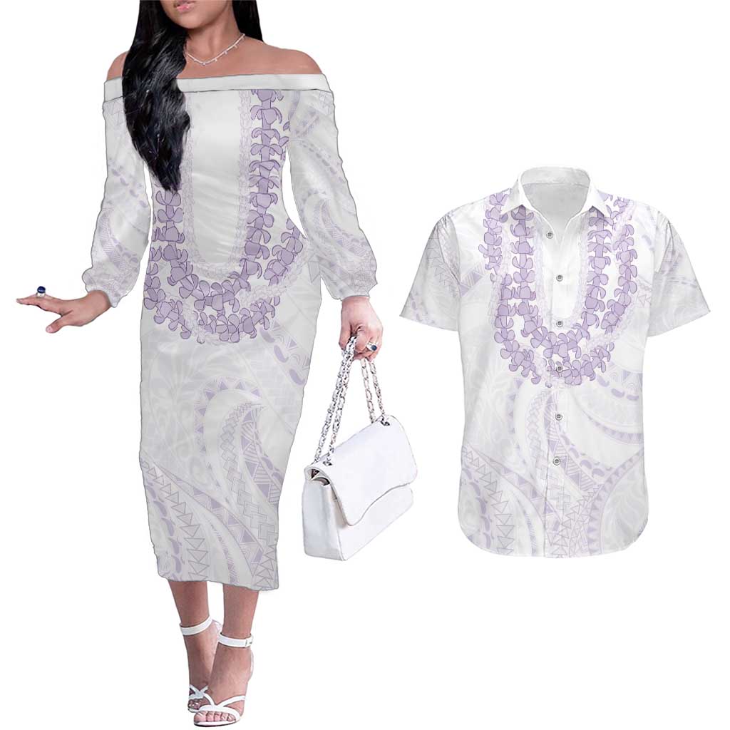Aloha Lei Onaona Couples Matching Off The Shoulder Long Sleeve Dress and Hawaiian Shirt Purple Hawaiian Tribal Pattern LT9 Purple - Polynesian Pride