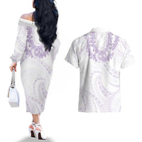 Aloha Lei Onaona Couples Matching Off The Shoulder Long Sleeve Dress and Hawaiian Shirt Purple Hawaiian Tribal Pattern LT9 - Polynesian Pride